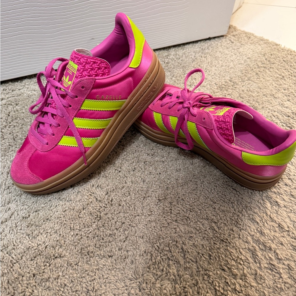 adidas Gazelle Athletic Shoes in Pink and Neon Yellow with Gum Sole